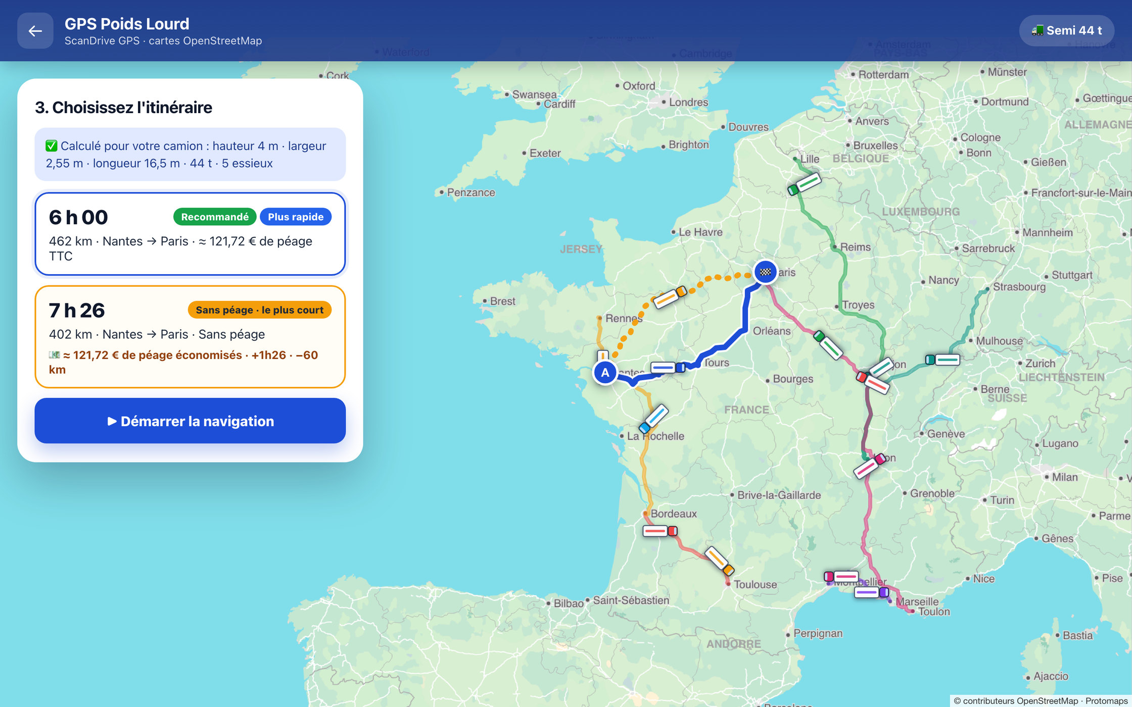 GPS poids lourd ScanDrive : itinéraire Nantes → Paris pour un semi-remorque de 44 t avec le prix du péage et le trajet sans péage, et des camions sur les routes de France