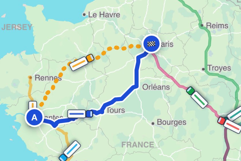 Itinéraire poids lourd Nantes → Paris sur la carte, avec des camions sur les routes de France